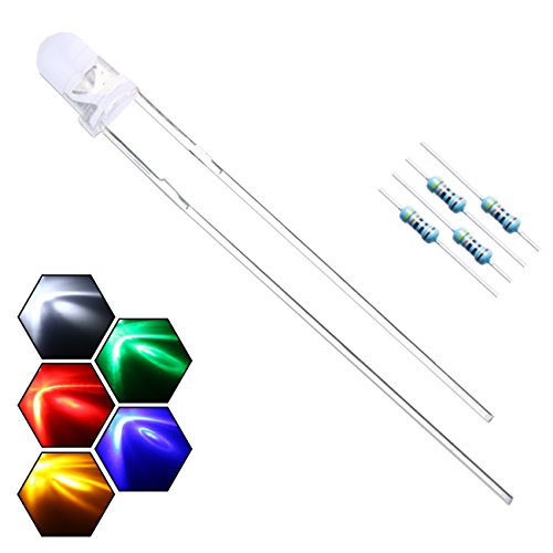 100pcs 3mm 5 Colors x 20pcs Assorted Colors Lights LED Diodes Clear Round Lens 29mm Long Lead +200pcs Resistors (for DC 6-12V) Included,Bulb Lamps Light Emitting Diode - color: [01] 5 Color X 20pcs / 100pcs, style: [A] 3mm Constant Light