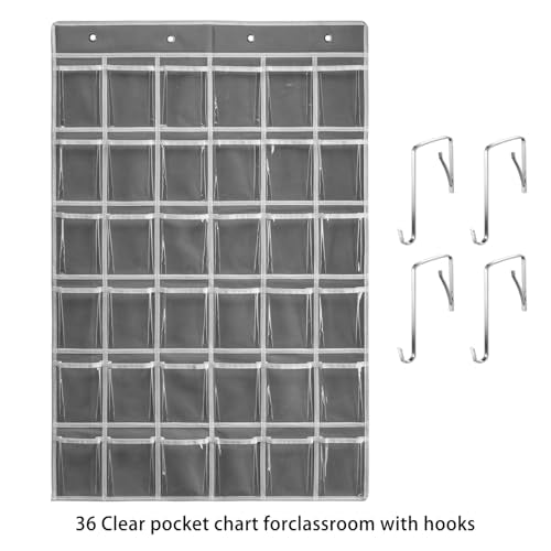 SAVERHO 36 Clear Pockets Classroom Pocket Chart for Cell Phones and Calculator Holder, Pocket Chart for Classroom Phone Holder with Number Stickers and Hooks (Grey) - color: Grey-1pack of 36pockets