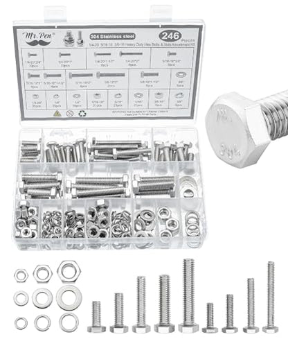 Mr. Pen- Hex Head Nuts and Bolts Assortment Kit, 246 pcs, Stainless Steel