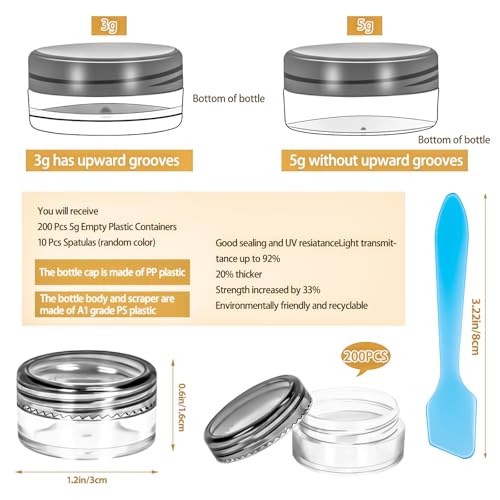 200 Pack 5g Plastic Jars with Lids, 5ml Round Clear Cosmetic Containers Makeup Jars, 5gram Travel Size Container Jar with Spatulas for Makeup Lotion Cream Sample Ointment Salve Balm Powder - color: Black, size: 200PCS