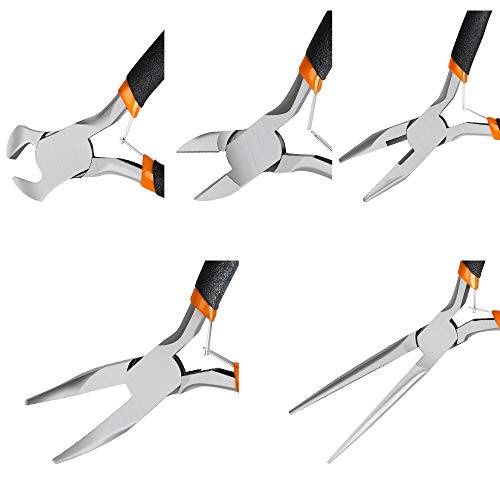 SOONAN 5 Pieces Mini Pliers, Long Lasting Tool Set Cable Cutters – Long Needle Nose, Long Nose, Nipper Bent Nose, End Cutting, Diagonal Cutting, Precision Pliers Set - color: 5 Pieces， Black