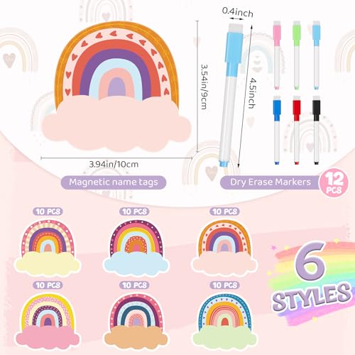 Henoyso 60 Pcs Rainbow Magnetic Name Tags for Classroom with 12 Markers - style: Rainbow