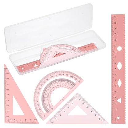 PATIKIL Geometry Set, 7" Aluminum Ruler & 2 Triangles, Metal Protractor - color: Gradient Pink, size: 7 Inch