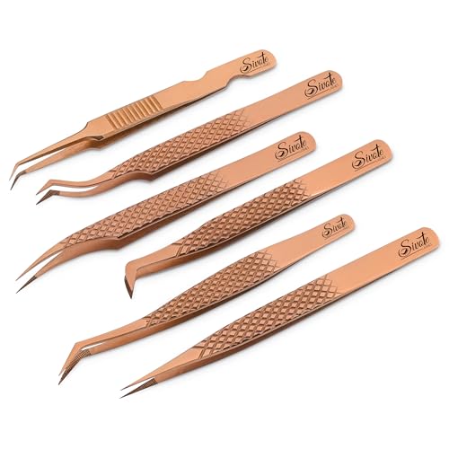 Eyelash Extension Tweezers Set of 6, Japanese Steel, Rose Gold - color: Rose Gold