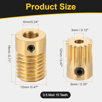 uxcell Worm Gear Set 15T 0.5 Module 15:1 Reduction Rate, Right Rotation Drive Gear Box Wheel Reduce Transmission Part (Brass Gear-3mm Bore, Brass Rod 6mm Bore) - size: Gear-3mm, Rod-6mm Bore, style: 0.5M-15T