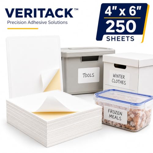 Veritack™ 250, Large Removable Labels for Bins, 4" x 6", Easy to Write, No Residue, for Storage Containers, Garage, Pantry, Closet & Home Organization, Moisture Resistant, Freezer & Refrigerator Safe