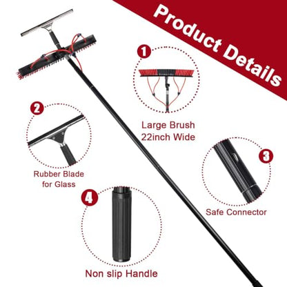 26ft Long Reach Solar Panel Cleaning Kit - Aluminum Extendable Water Fed Pole, 22in Wide Brush & Squeegee, Bendable Dusting Brush - Outdoor Window Washing Equipment Tool - color: 26ft, size: Large