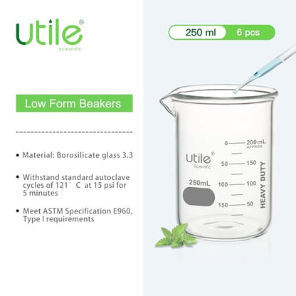 Utile 6 Pcs 250ml Glass Beaker Set, Chemical Glass Beakers, Low Form Borosilicate 3.3 Glass Lab Beaker with Printed Graduation, 4000.0250.6 - style: 250 ml (6pcs)