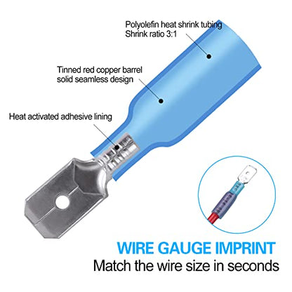 100 PCS 16-14 AWG Waterproof Heat Shrink Quick Disconnect Connectors, Crimp Electrical Wire Male Spade Connectors Insulated Disconnect for Marine Automotive Motorcycle Home Wiring (Blue) - size: [16-14 AWG] Male x 100