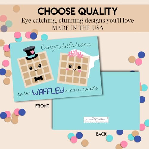 Amanda Creation Funny Wedding Card, 4x6 Blank Inside with Silver Envelope, Waffle-y Wedded Waffle Bride and Groom Congratulations - style: Waffle