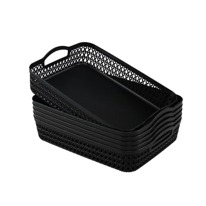 Set of 6 Large Plastic Storage Basket Tray, Black Shallow Paper Basket with Handle - size: Large