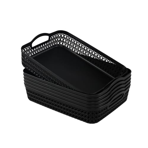 Set of 6 Large Plastic Storage Basket Tray, Black Shallow Paper Basket with Handle - size: Large