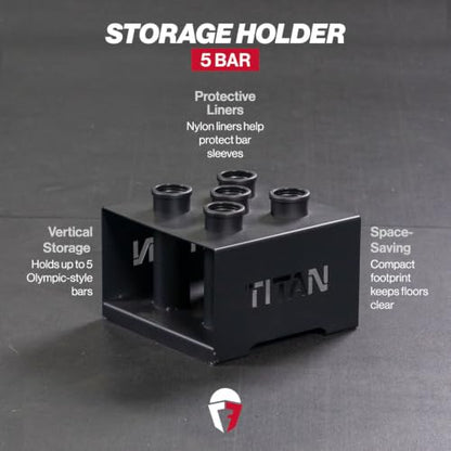 Titan Fitness 5 Barbell Holder, Vertical Olympic Sized Bar Rack, 12" x 12" Compact Floor Unit, Nylon Inserts Protect Sleeves, Organize and Save Space in Home Garage Gym