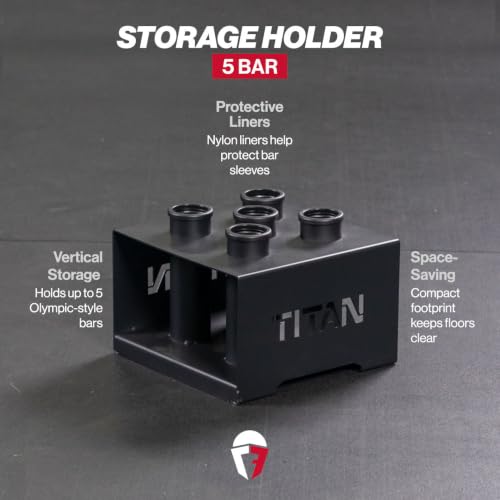 Titan Fitness 5 Barbell Holder, Vertical Olympic Sized Bar Rack, 12" x 12" Compact Floor Unit, Nylon Inserts Protect Sleeves, Organize and Save Space in Home Garage Gym