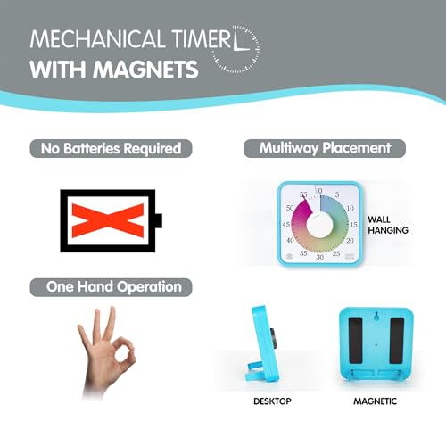 TWENTY5 SEVEN 7.5-Inch Visual Timer, Battery-Free 60-Minute Countdown Clock - color: Sky Blue/Colorful With White Knob