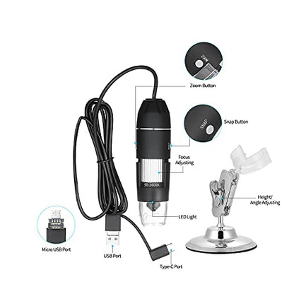 Digital Microscope 3-in-1 USB Interface Camera 1600X with Flexible Stand Compatible with Android,Mac,Windows System,Q-NB01D
