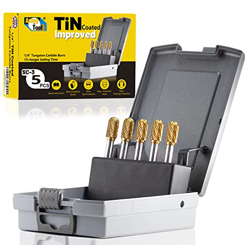 SC-3 5pcs Tungsten Carbide Burr TiN Rotary File Cylindrical Ball Nose End Shape Double Cut for Die Grinder Drill Bits 1/4'' Inch Shank and 3/8'' Inch Diameter of Cutter 3/4'' Inch Cutter Length - style: 5pcs SC-3 TIN