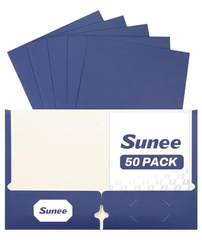 SUNEE Folders with Pockets 3 Hole Punched(50 Pack, Dark Blue), 2 Pocket Folders Fit Letter Size Paper, Paper File Folder for School Office Home Bussiness - color: Dark Blue