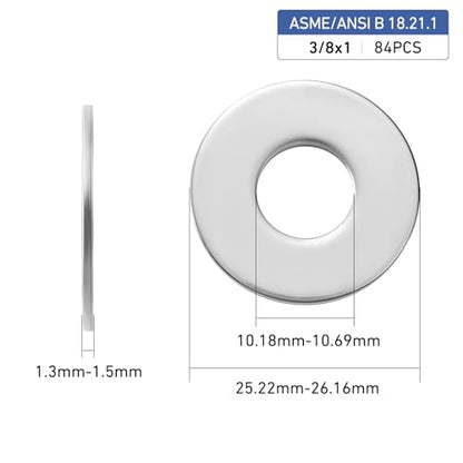 84PCS 3/8" x 1" Fender Washers, 304 Stainless Steel 18-8, Thickened 3/8 Fender Washer,3/8" ID x 1" OD - color: Silver, size: 3/8x1"