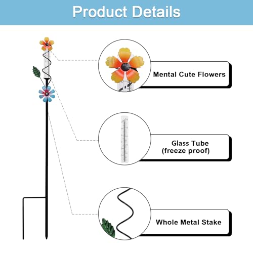 Flower Rain Gauge Outdoor, 5 Inch Glass Tube Freeez-Proof Metal Stake Weather-Resistant Rain Gauge-Lawn and Garden Yard Decor for Accurate Precipitation Measurement