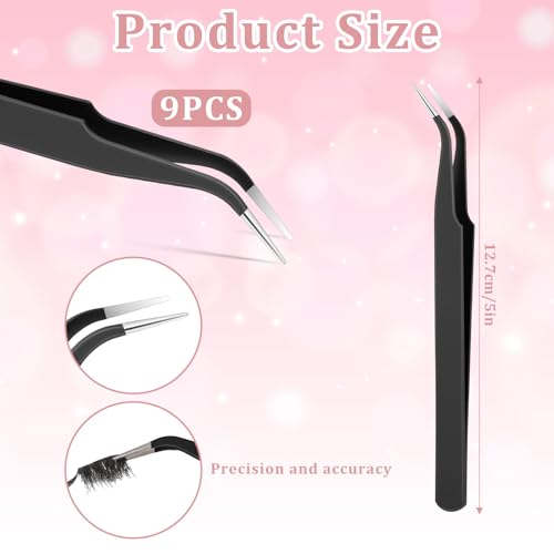 9 Pieces Craft Tweezers, Stainless Steel Curved Pointed Precision Tweezer Anti-Static Pointed Sticker Tweezers Fine Crafting Tweezer for Electronics, Soldering, Jewelry Making (Black) - color: Black