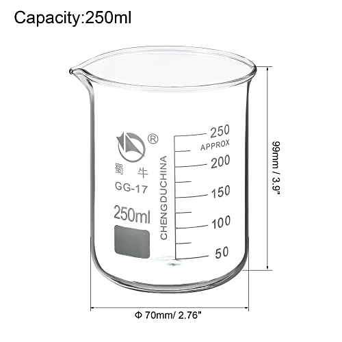 PATIKIL 250ml Low Form Glass Beaker, 3.3 Borosilicate Glass Graduated Printed Scale Measuring Cups with Spout for Kitchen Lab Liquids Transit Boiling - size: 250ml