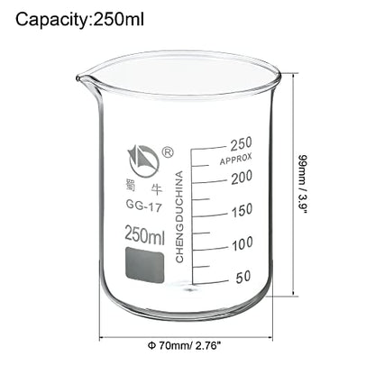 PATIKIL 250ml Low Form Glass Beaker, 3.3 Borosilicate Glass Graduated Printed Scale Measuring Cups with Spout for Kitchen Lab Liquids Transit Boiling - size: 250ml
