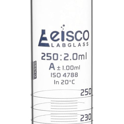 Graduated Cylinder, 250ml - Class A Tolerance ±1.00ml - Round Base - Blue Graduations - Borosilicate 3.3 Glass - Eisco Labs - size: 250mL