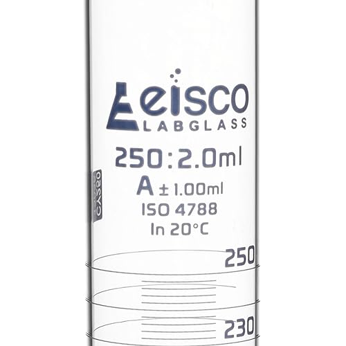 Graduated Cylinder, 250ml - Class A Tolerance ±1.00ml - Round Base - Blue Graduations - Borosilicate 3.3 Glass - Eisco Labs - size: 250mL