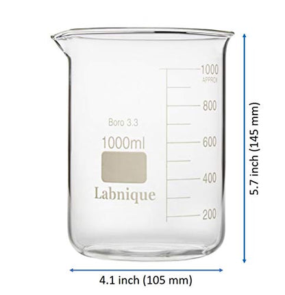 Labnique Borosilicate 3.3 Glass Griffin Beaker, Low Form Beaker with Printed Graduation (1000ml x6) - size: 1000ml x6