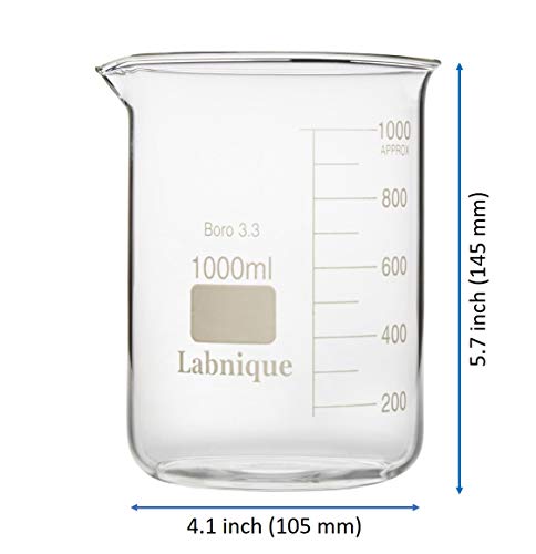 Labnique Borosilicate 3.3 Glass Griffin Beaker, Low Form Beaker with Printed Graduation (1000ml x6) - size: 1000ml x6
