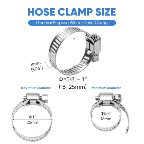 TICONN 24PCS Hose Clamps Set 304 Stainless Steel, 5/8"-1" Worm Gear - size: SAE #8 24PCS 5/8''~1"