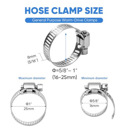 TICONN 24PCS Hose Clamps Set 304 Stainless Steel, 5/8"-1" Worm Gear - size: SAE #8 24PCS 5/8''~1"