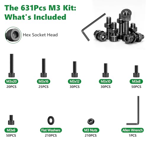 631PCS M3 Hex Socket Screw Assortment Kit, M3 x 6/8/10/12/16/20mm - size: M3 631pcs 3