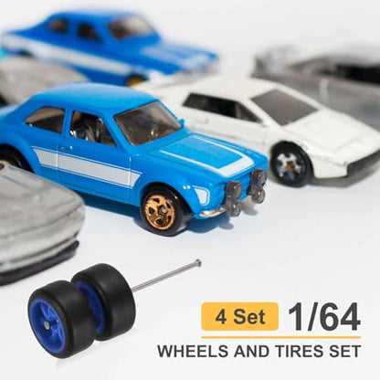 MECCANIXITY 4Set 1/64 Wheels and Tires Set Real Riders 7-Spoke Blue Black