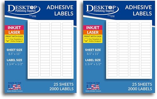 White Removable Labels - Return Address Size 1-3/4" x 1/2" - 80 per Sheet - for Inkjet/Laser Printers - 25 Sheets / 2000 Labels (Pack of 2) - size: 1.75*0.5 inches (Pack of 2)