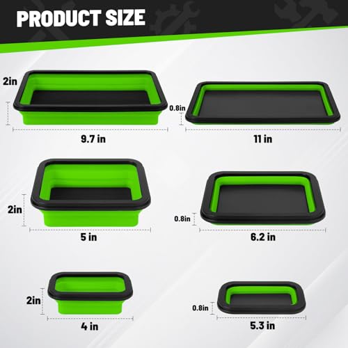 Collapsible Magnetic Parts Tray Set, 3 Different Size Tool Trays, Green - color: Green
