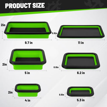 Collapsible Magnetic Parts Tray Set, 3 Different Size Tool Trays, Green - color: Green