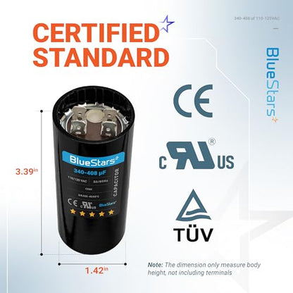 [2025 Upgraded] BlueStars 340-408 uF MFD 110-125VAC Motor Start Capacitor - size: 340-408 MFD 110-125 VAC