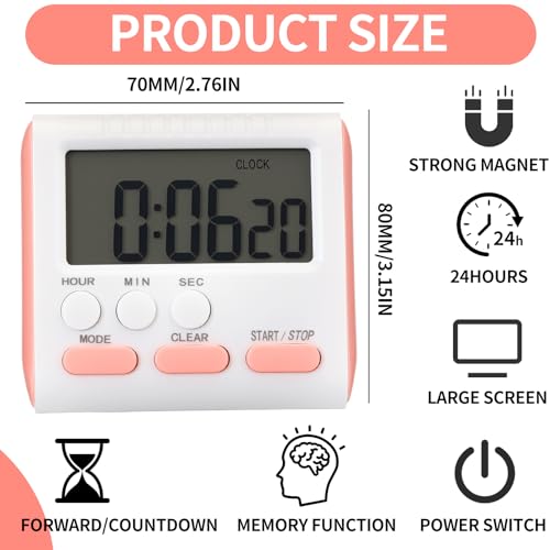 Mudder 3 Pack Digital Kitchen Timer for Cooking, Large Digits, 24 Hour Magnetic Backing Stand Kitchen Timers Clock for Classroom Kids Teachers, Loud Alarm and Large Screen (Pink) - color: Pink