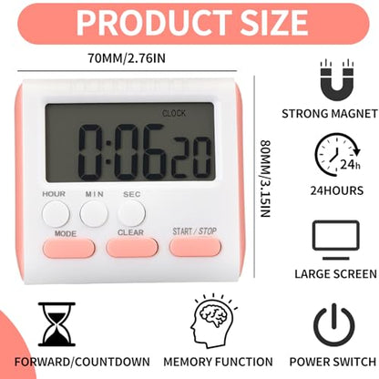 Mudder 3 Pack Digital Kitchen Timer for Cooking, Large Digits, 24 Hour Magnetic Backing Stand Kitchen Timers Clock for Classroom Kids Teachers, Loud Alarm and Large Screen (Pink) - color: Pink