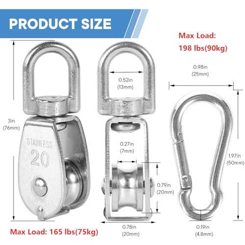 6X 304 Stainless Steel M20 Single Swivel Rope Pulley Blocks with Snap Hooks - size: M20-6pcs