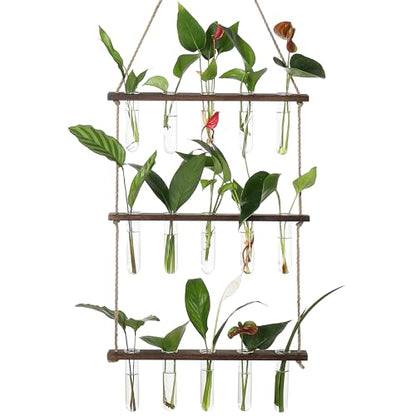 YIBOT Plant Propagation Stations with Wooden Stand 15 Glass Test Tubes Vase - color: Brown, size: 14"L x 14"W x 35"H
