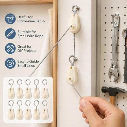 10Pcs White Nylon Mini Pulley Set, Plastic Wire Rope Pulley Wheels, Lightweight Clothesline Pulley Kit
