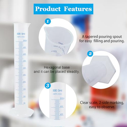 500ml Plastic Measuring Graduated Cylinder, Polypropylene Plastic, 2-Sided Marking, Ideal for Science, School and Home Lab, HUAOU, Pack of 2 - size: 500ml (Pack of 2)
