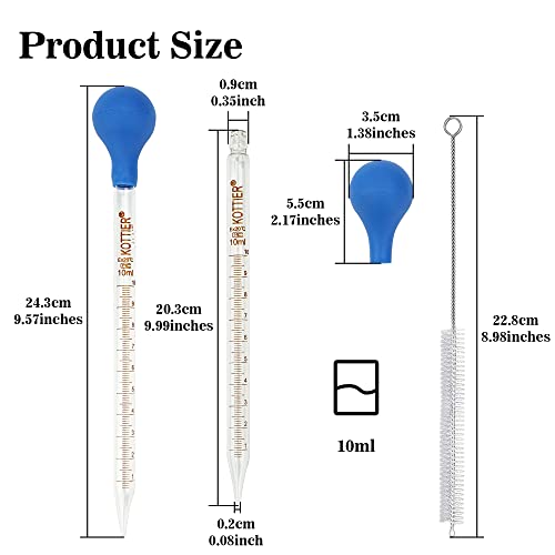 3Pcs Glass Pipettes Dropper, 10ml Graduated Liquid Dropper with Rubber Bulb and Cleaning Brush, Transfer Pipettes for Essential Oil
