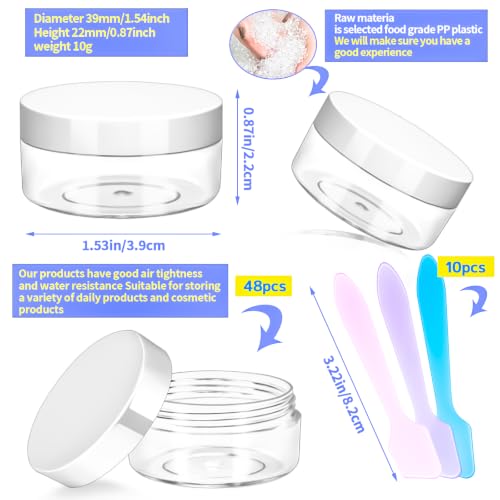 48PCS 10g Empty Clear Containers with Lids,Refillable Makeup Sample Containers, Small Sample Pot Jars Travel Makeup Container with Mini Spatulas for Liquid Powder Creams Lotions,White Lid - color: White, size: 10g