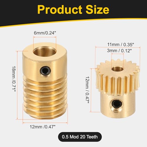 uxcell Worm Gear Set 20T 0.5 Module 20:1 Reduction Rate, Right Rotation Drive Gear Box Wheel Reduce Transmission Part (Brass Gear-3mm Bore, Brass Rod 6mm Bore) - size: Gear-3mm, Rod-6mm Bore, style: 0.5M-20T