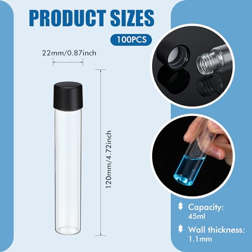 100 Pcs 30ml Glass Test Tubes Vial with Black Screw Cap 22x120mm, Clear Stoppers Flat Bottom Alcohol Glass Tubes Container Vial for Lab Plants Scientific Experiments Candy Storage Party Favor - size: 30ml