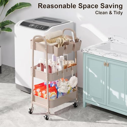 3 Tier Khaki Metal Utility Rolling Cart, Storage Carts with Lockable Wheels - color: Rustic Khaki, size: 3 tier